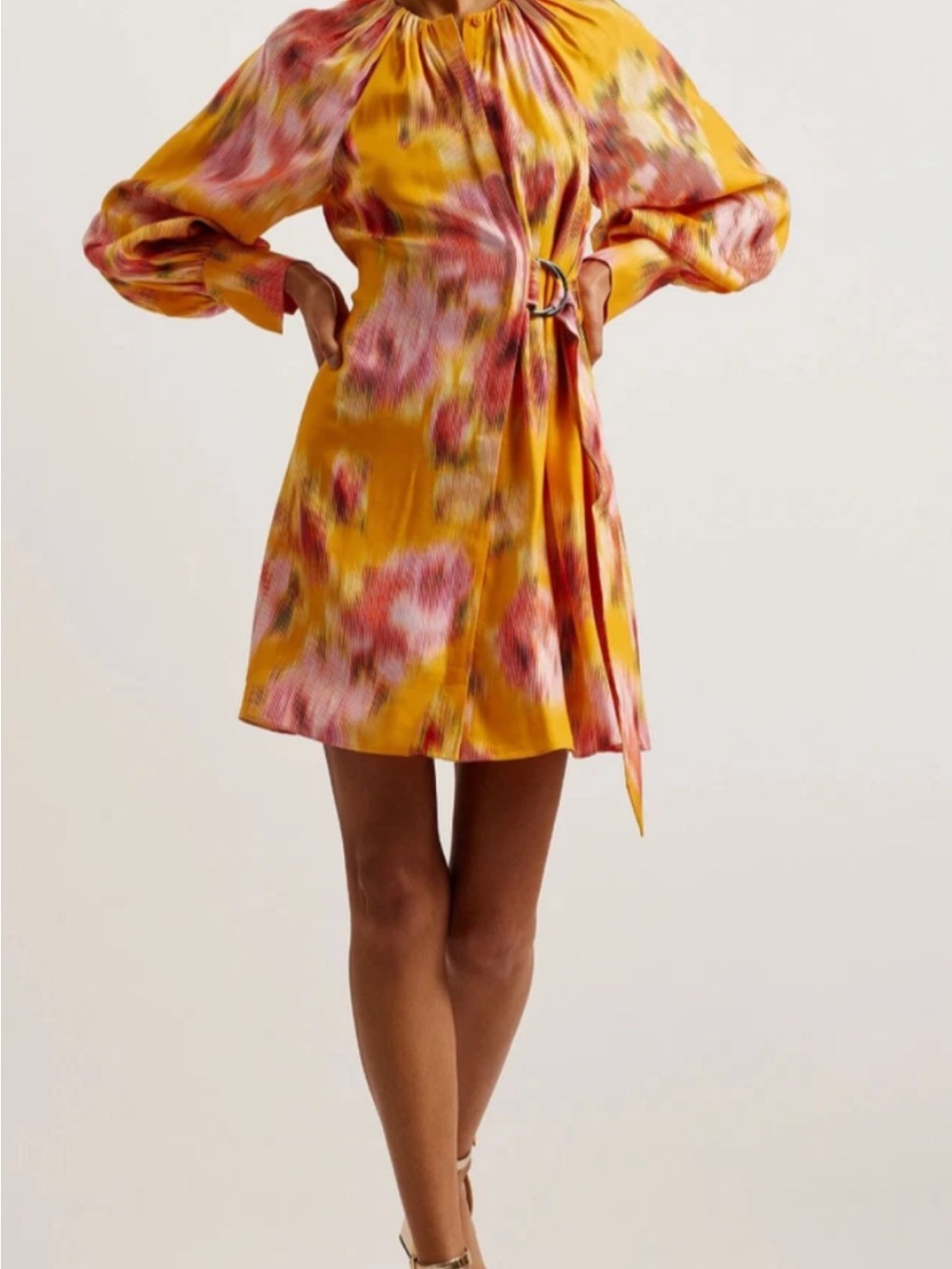 Ted Baker Yellow and Pink Watercolor-Print Long-Sleeve Mini Dress with Ring-Tie